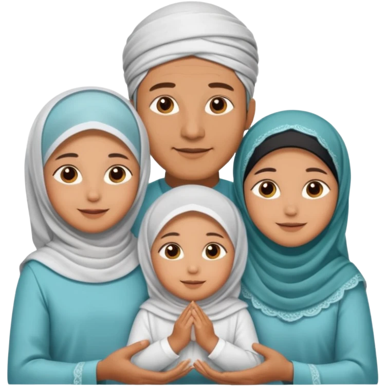 Lebaran. Keluarga terdiri dari Ayah dan ibu, 3 orang anak yang terdiri dari dua anak laki-laki dan seorang anak perempuan yang merupakan anak terkecil. Ibunya menggunakan cadar. emoji