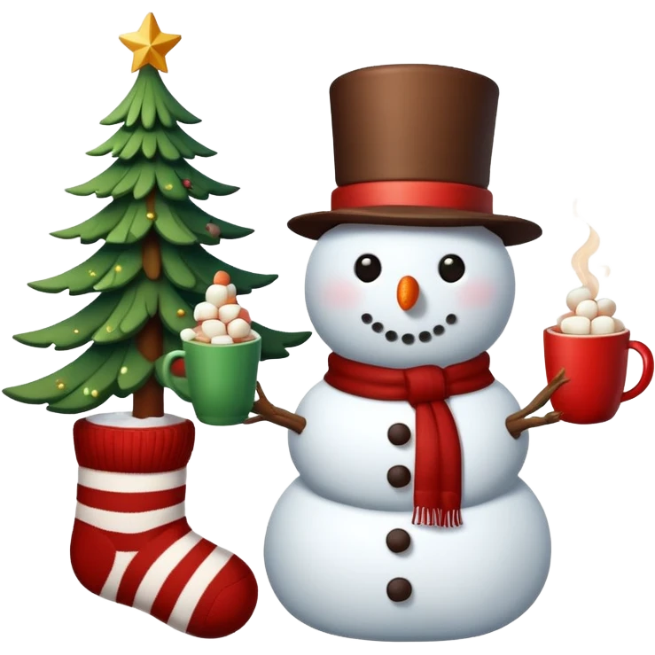 winter vibe emoji with Christmas tree, hot chocolate with marshmallows, warm socks, snowman  emoji