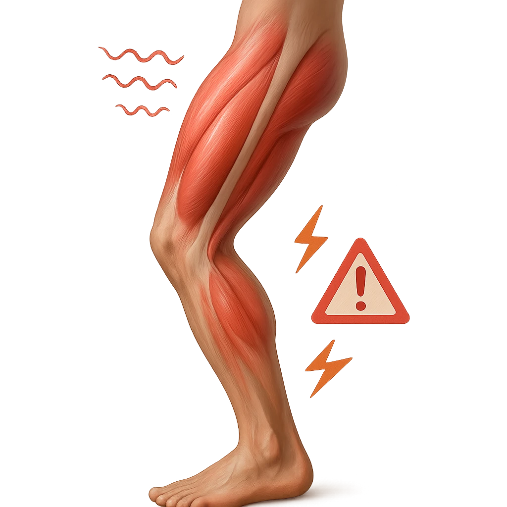 realistic human leg with overload represented by stress lines and fatigue symbols, highlighted muscles, 3D effect, isolated on white background emoji