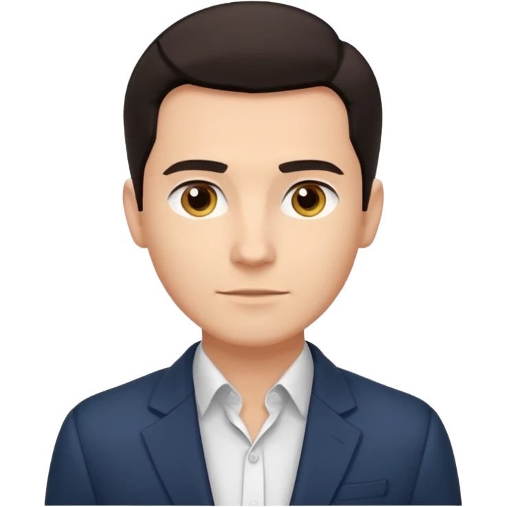 Мужчина с тёмными волосами, аккуратно уложенными назад, чисто выбритый, уверенное, но доброжелательное выражение лица, минималистичный пиджак без галстука. emoji