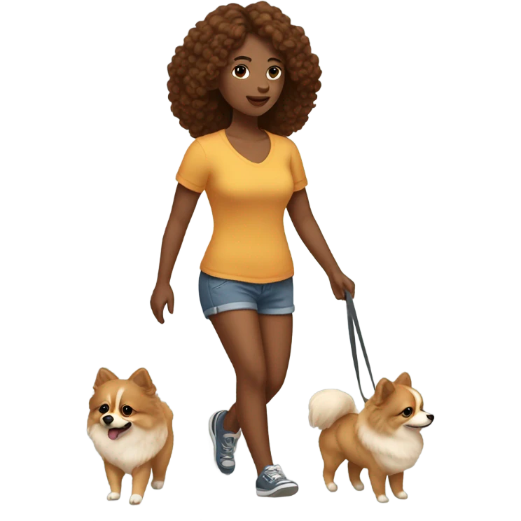 women with brown wavy hair wearing shorts and walking pomeranian emoji