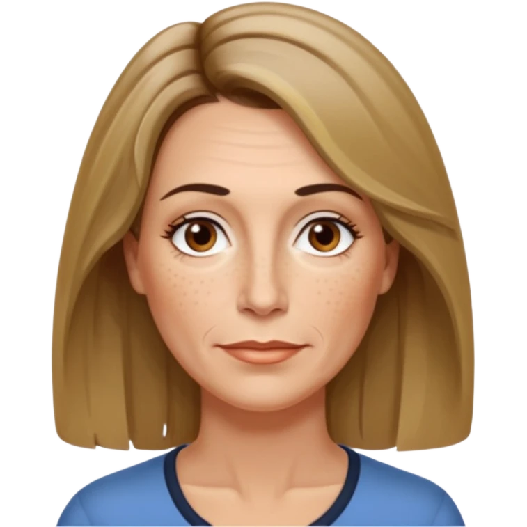 50 year old Caucasian woman with shoulder length brown hair and blond highlights and no bangs. Brown eyes with thin, black eyebrows. Medium size nose with a couple of freckles. Thin lips and slender shoulders. emoji