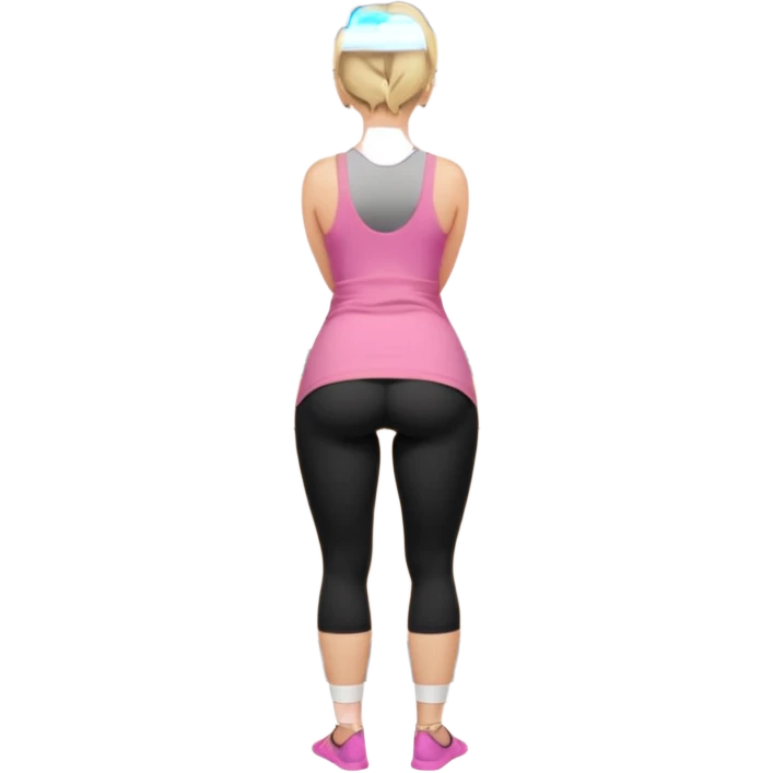 Render from knees up, view from the back, fair skinned woman, curvy, short blond hair, small reading glasses, cooking dinner in kitchen, pink loose tank top, showing natural B cup breast shape SFW, black yoga pants, large curvy booty emoji