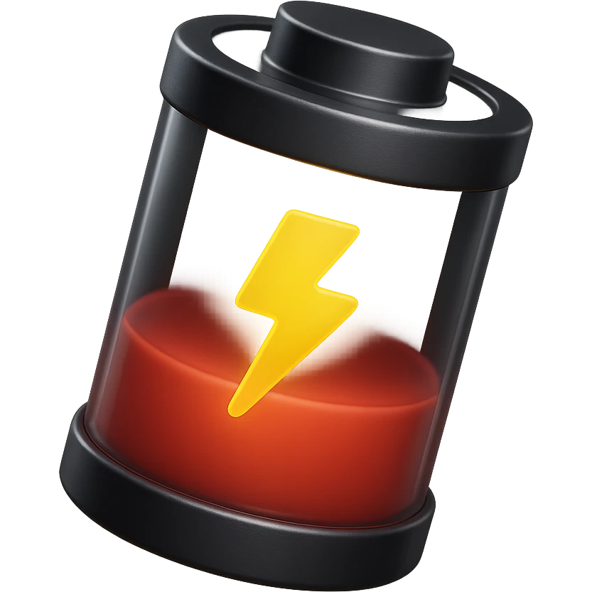 Realistic 3D cylindrical battery with half red level, inspired by the reference image, soft shadow, yellow lightning symbol, metallic details, isolated on white background. emoji