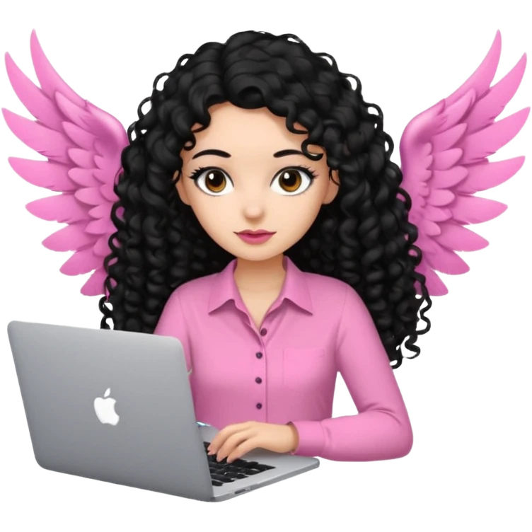 a girl typing mac book air with long black curly hair and brown eyes with winged black eyeliner, pink shirt emoji