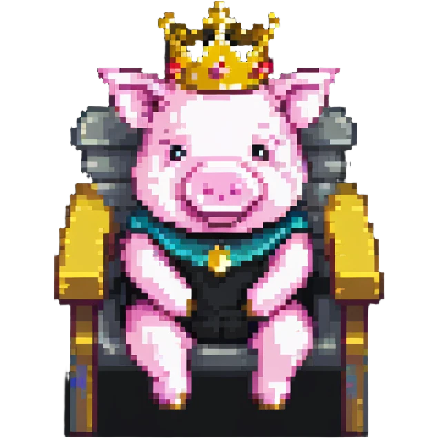 cartoon-like playful pixel art pig with a golden crown sitting on a throne, blocky and square like Minecraft, very few pixels, simple and charming emoji