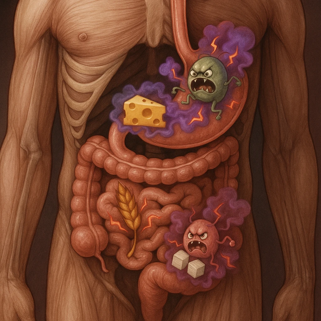 Realistic anatomical section of the human torso highlighting stomach and intestines. Inside the digestive tract, agitated stylized parasites react to foods like dairy, gluten, and sugars (foods highlighted). The parasites emit toxins or inflammatory signals such as colored gas and lightning lines. Medical illustrative style. emoji
