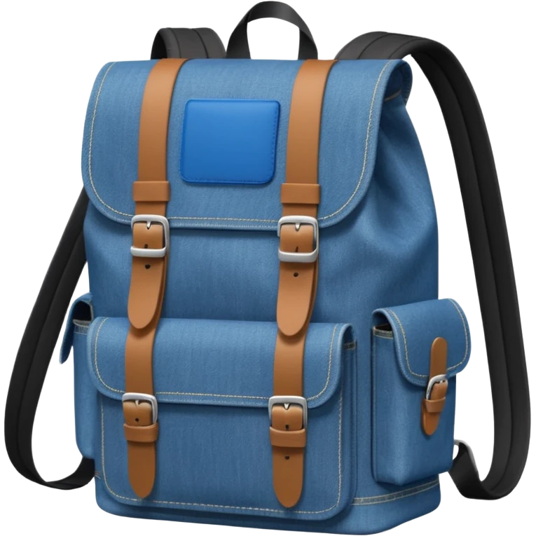An emoji-style blue denim backpack with a flap top. Two short black buckle straps are attached only at the top flap, not extending to the bottom. The front is clean with no pockets or extended straps. The backpack has two side pockets. Flat, minimalist, cartoon icon.


 emoji