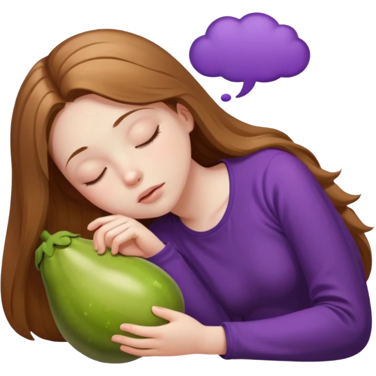 Girl with long light brown hair asleep thought bubble with eggplant in it emoji