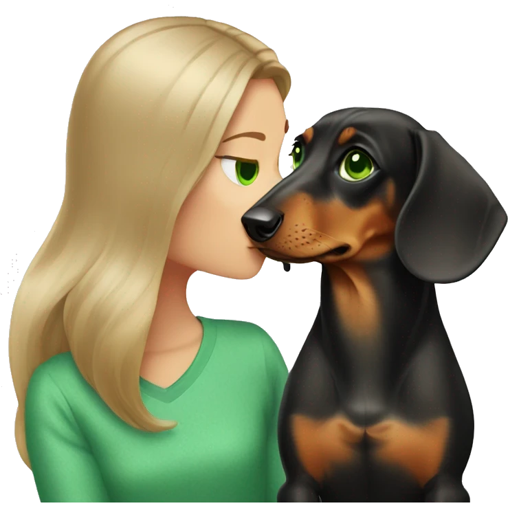 Dachshund  and dark blond girl with green eyes kissing dog emoji