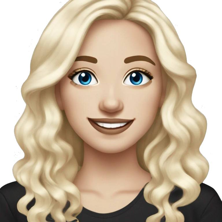 White-pale-skinned adult woman, smiling, glitter drawings makeup on her face, blue eyes, long black-to-blonde ombre wavy hair, ring earrings, black T-shirt. emoji