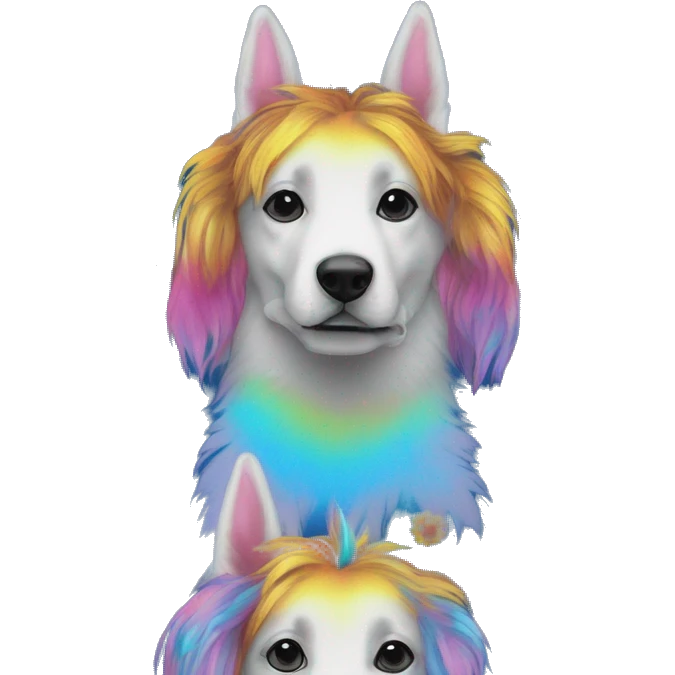 Multicolored rainbow retro groovy tie dye hippie trippy floral patterns on a metallic holographic iridescent blue dog face head unicorn emoji