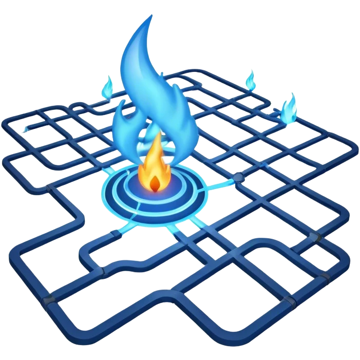 a map with a glowing blue flame on the x and networking paths emoji