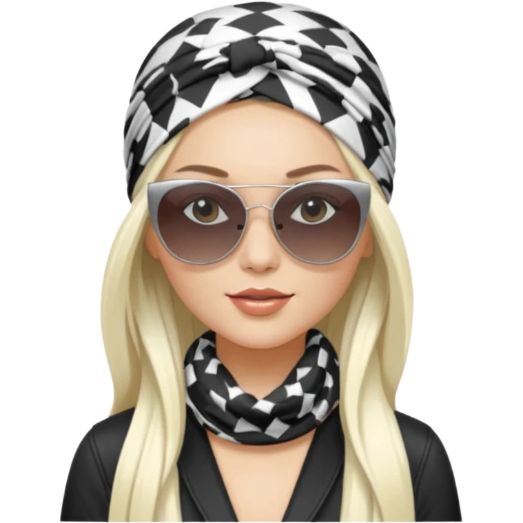 white girl pop singer, chic style, long straight platinum hair, patterned headscarf, big sunglasses emoji