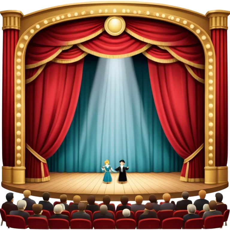 An icon depicting a grand theater stage with heavy curtains, spotlight shining on the performers, and an audience eagerly watching. The scene conveys the drama and excitement of live performances, with dramatic lighting and atmosphere. transparent background. emoji