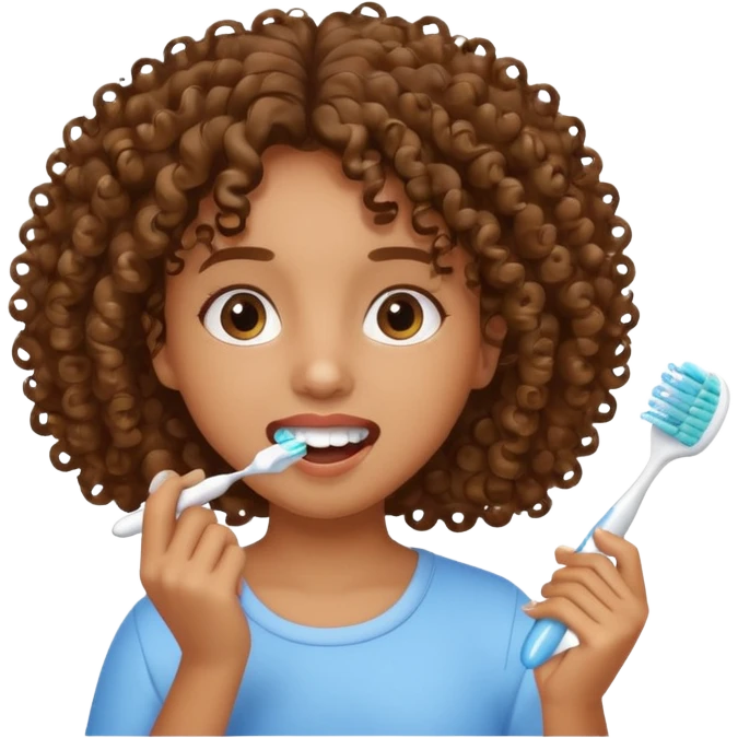 brown girl with curly hair brushing teeth emoji