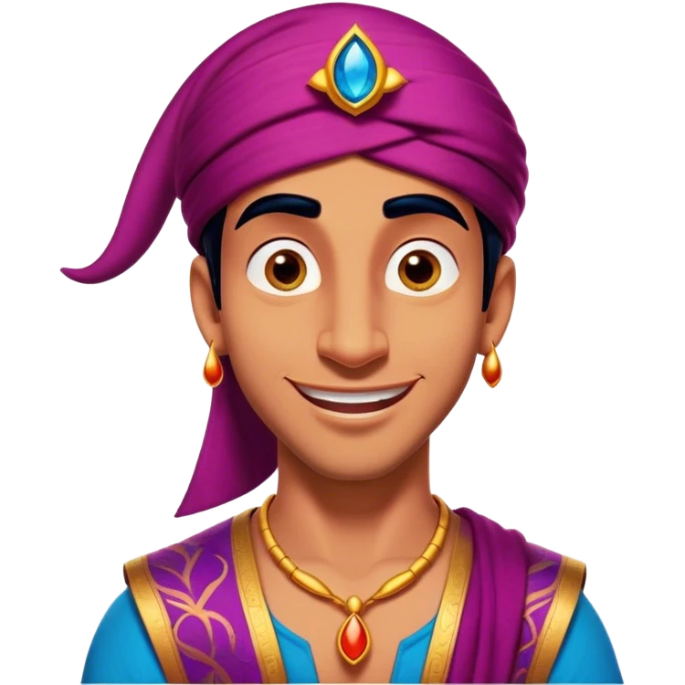 Cinematic Realistic Aladdin Portrait, head tilted dramatically with an exaggeratedly amused expression, featuring vibrant eyes and a slight, roguish grin. His detailed attire and subtle magical accents are brought to life with dynamic lighting and vivid textures, capturing a rare, playful burst of humor from a daring street-wise adventurer. emoji