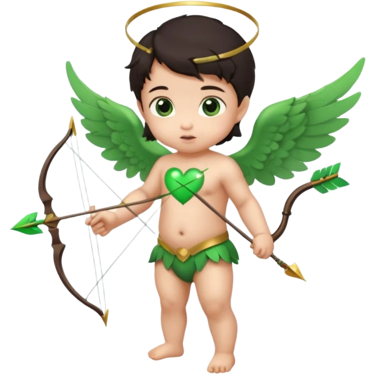 cupid asian baby flying full body with wings with brown eyes and dark hair handled bow and arrow green heart breaker and looking to heart emoji