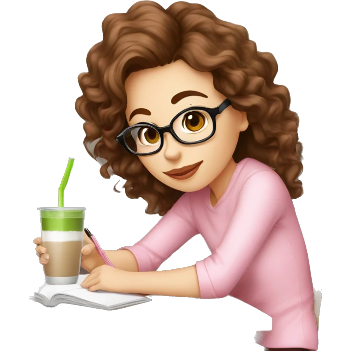 Pilates girl dressed in pink, with brown wavy hair and black glasses, drinking matcha latte and studying for Economics exam  emoji