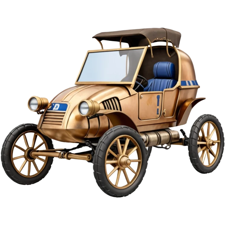 Old American West tarnished R2D2 C-3PO bounty hunter 1854 delicately ornate rosegold accents painted dune buggy buckboard wagon powered by electric motors and batteries with safety features and belts flying rapidly across rough dusty terrain stable on strong agile steampunk suspension and steering  emoji