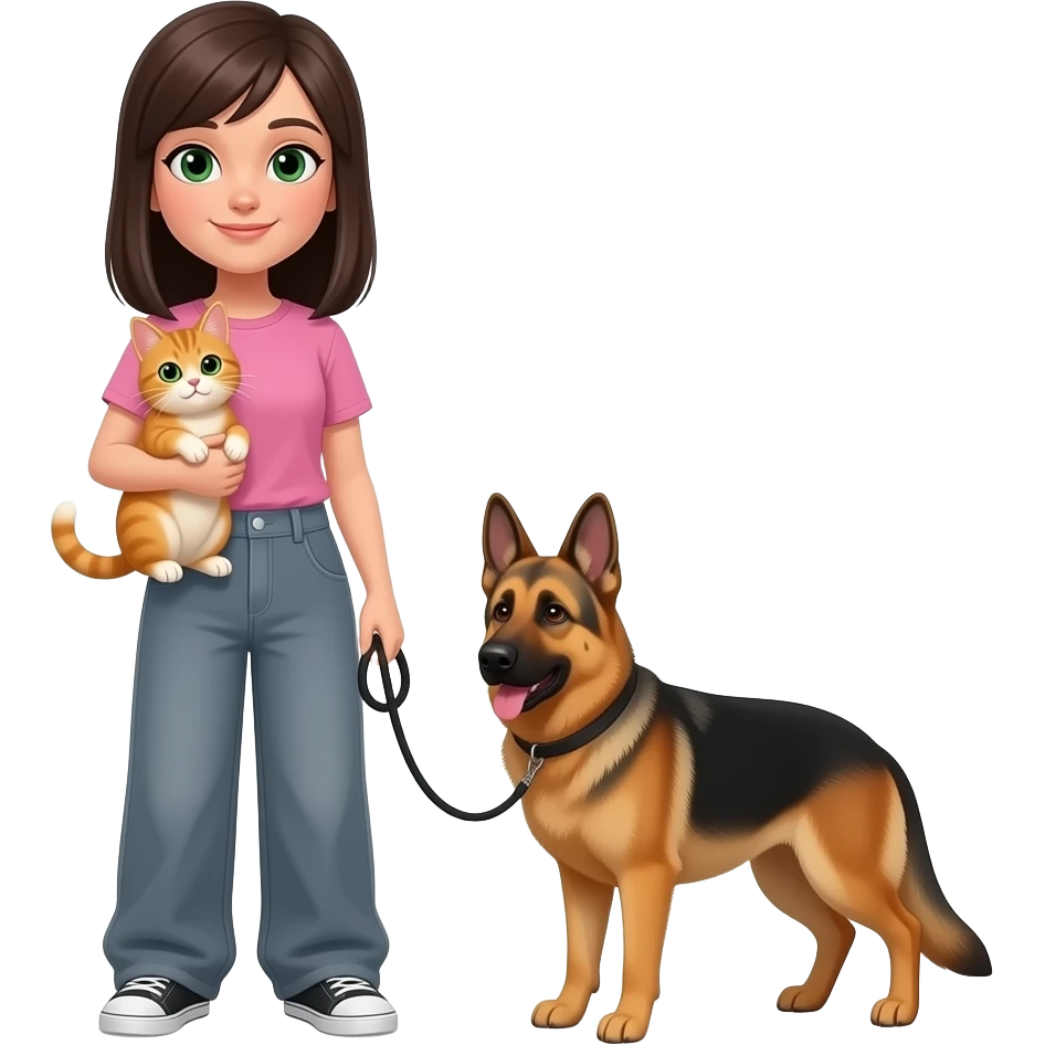 Сделай девочку брюнетку прямые волосы темно зеленые глаза в розовой футболке в оверсайз серых штанах в руках у нее рыжий кок со светло зелеными глазами и еще у нее в руке поводок черный от немецкой овчарки и ета собака коло девочки emoji