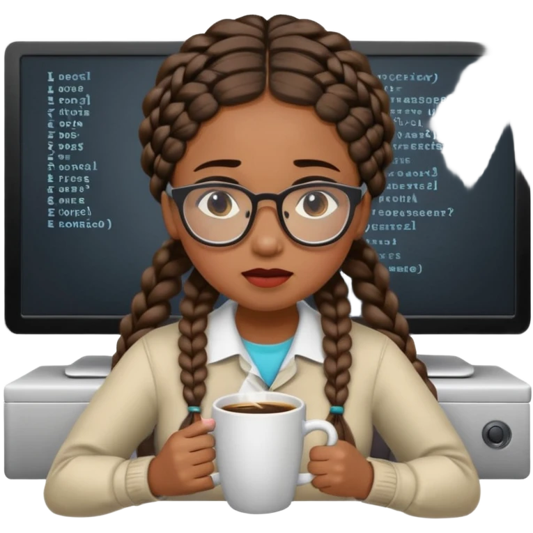 Make a black female software engineer with glasses  and braids coding, crying and drinking coffee. Should be crying  emoji