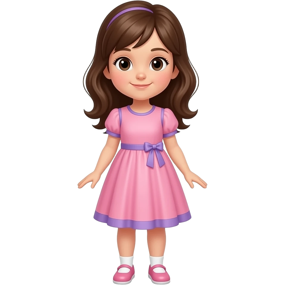 Niña de 5 años cuerpo completo de cabello castaño con vestido rosa con lila emoji