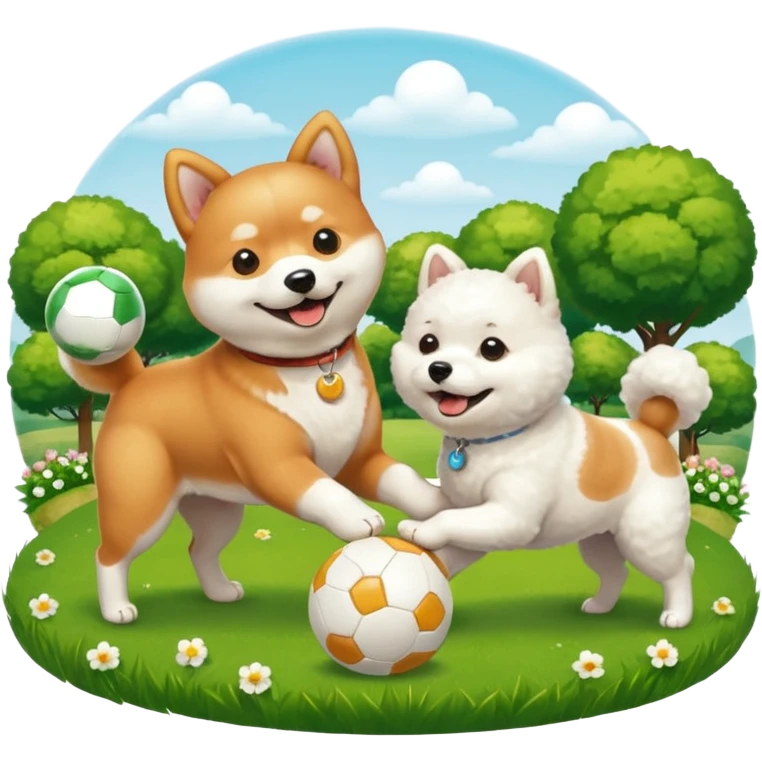 2 dogs, one ginger shiba inu et one white bichon, playing with a ball in a sunny garden emoji