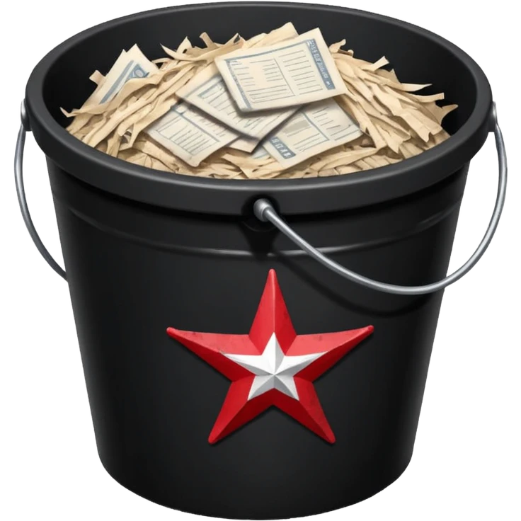 black bucket no handles, shredded paper inside, red texas on front emoji