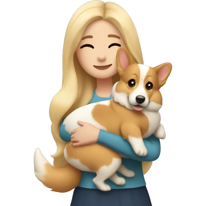 Blonde girl with long hair hugs two corgis emoji