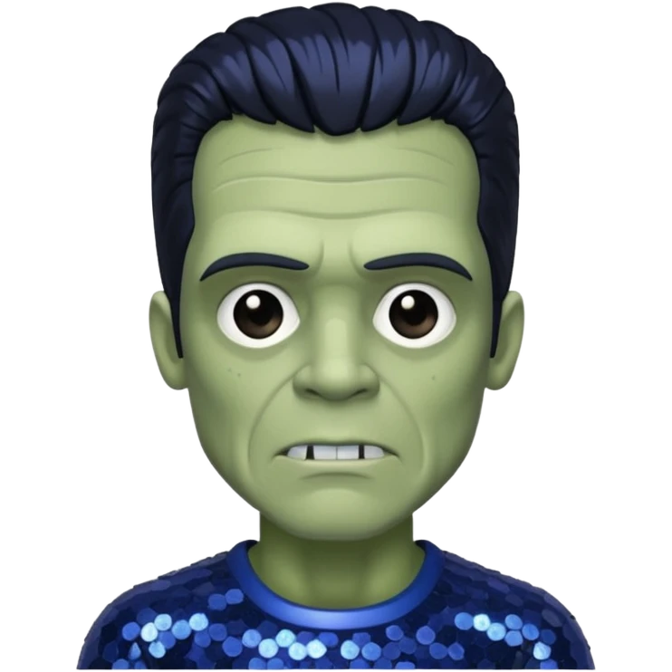 Frankenstein from Van Helsing with black hair, grey skin dark blue sequin outfit emoji