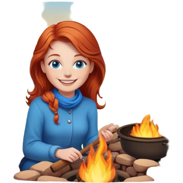 Happy Redhead woman with blue eyes beside firepit emoji
