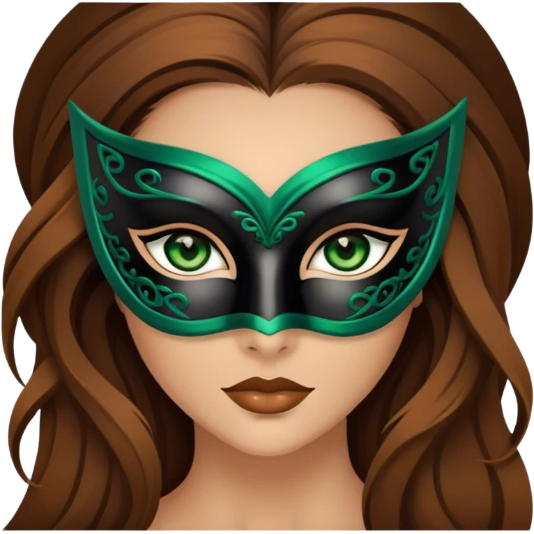Greeneyed Woman with long brown hair wearing Black venetian mask emoji