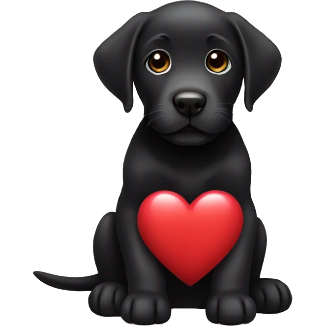 sitting black labrador puppy is holding a heart emoji