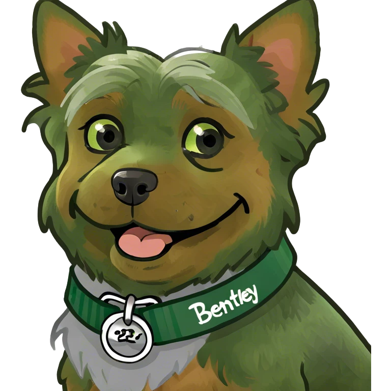 a happy yorkie with a collar with the name bentley emoji