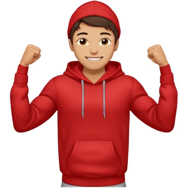 make me an emoji of an americain 19 yearold boy in a red hoodie that says "south" on it and give him with tan skin with his hands in his hands in his pocket grining flexing his muscles emoji