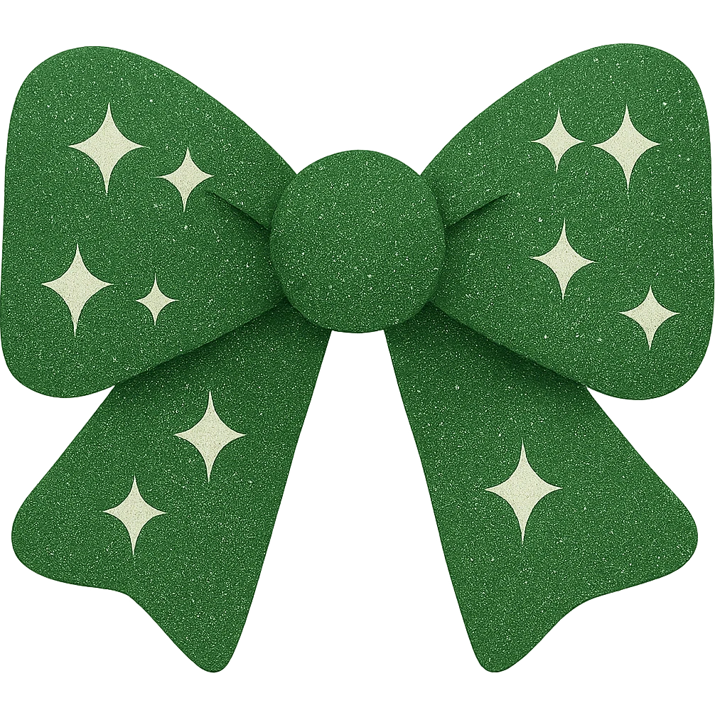 Make the glitter bow green with shimmering texture, elegant and festive, no background. The style should emphasize elegance and festivity with a shimmering green glitter texture. emoji