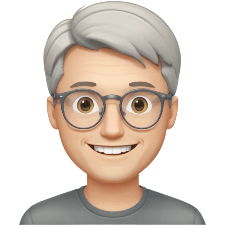 30 yr old pale white man, grey side swept hair, round glasses, big smile, white teeth, handsome, longer hair, thin glasses emoji