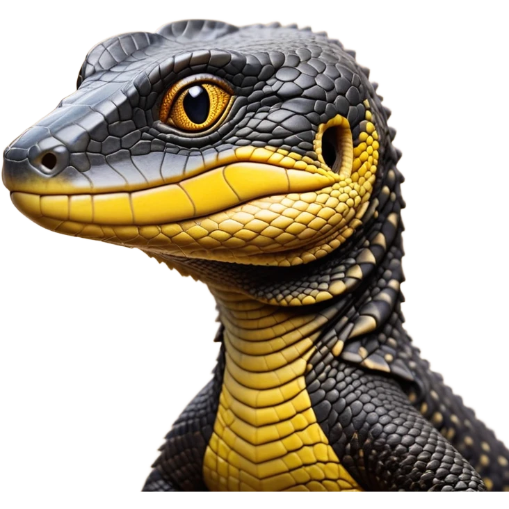 cinematic-realistic-cute-monitor-lizard-portrait-emoji,-head-tilted-playfully-and-inquisitively,-featuring-a-compact,-agile-body-with-finely-detailed,-glossy-scales-in-earthy-black and yellow-hues-and-a-distinct,-alert-face-with-bright,-curious-eyes, black , yellow spotted and green band  scales and a big long neck emoji