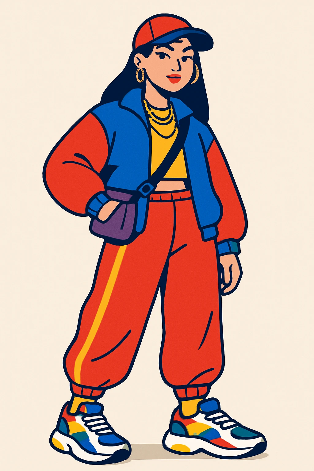 dressed up woman in a cool Gen Z look, trendy streetwear, bold colors, confident pose, modern accessories emoji