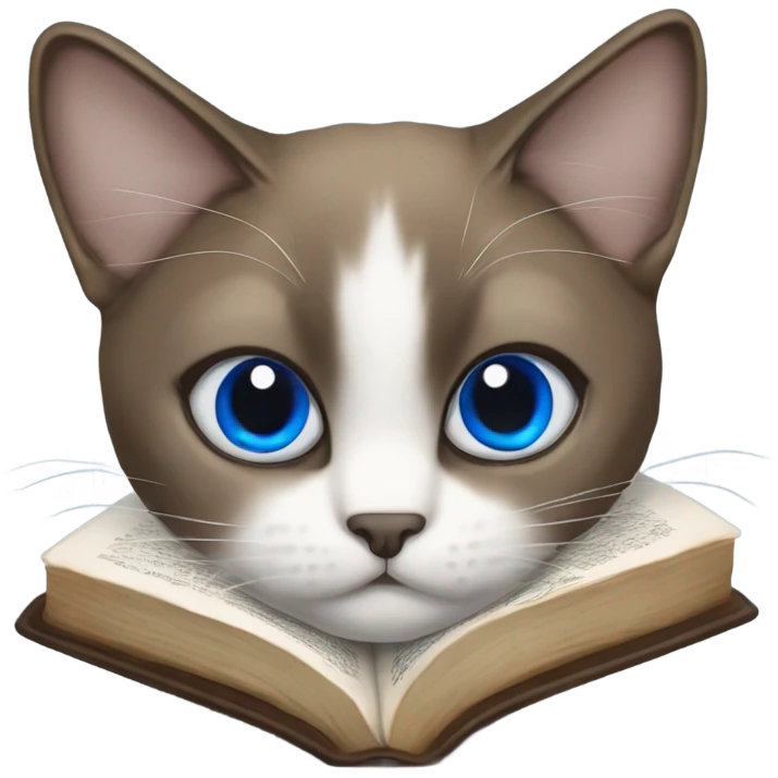 Snowshoe cat with blue eyes, darker face laying on an open Bible emoji