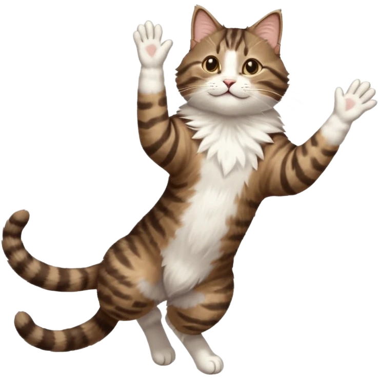 dark brown tabby and white cat with doing a big extremely long stretch reaching up into the air with arms and legs side by side together straight and overextended whilst lying on its side emoji