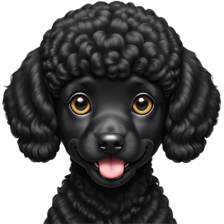 Cinematic Cute Black Poodle Portrait Emoji, Head tilted playfully and inquisitively, showcasing a bouncy, curly jet-black Fur with a striking sheen, round, sparkling dark eyes filled with curiosity, Simplified yet irresistibly adorable features, highly detailed, glowing with a warm, friendly glow, high shine, affectionate and lively, stylized with a touch of whimsy, bright and endearing, soft glowing outline, capturing the essence of a mischievous yet loving companion, so playful it feels like it could bounce out of the screen and into your arms! emoji