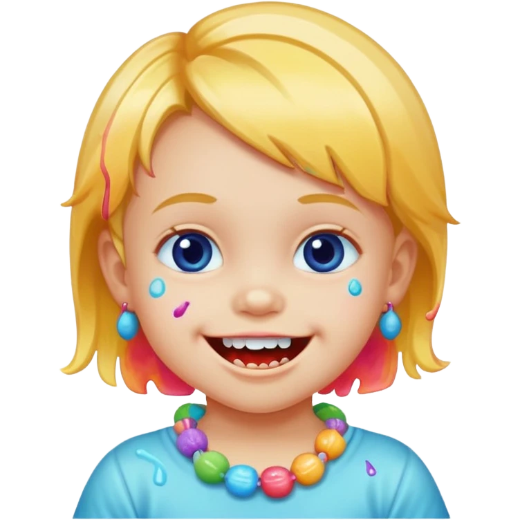 A toddler with candy necklace, grinning with colorful sugar stains on her mouth. emoji