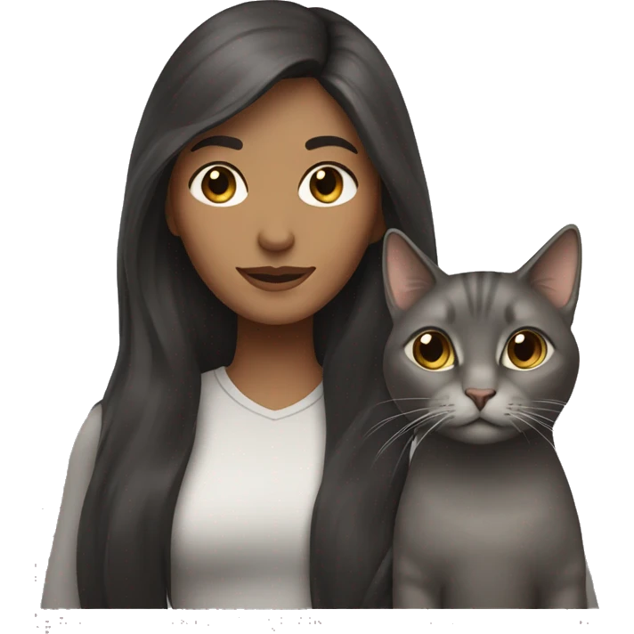 woman with long darkbrown hair with her Grey cat emoji