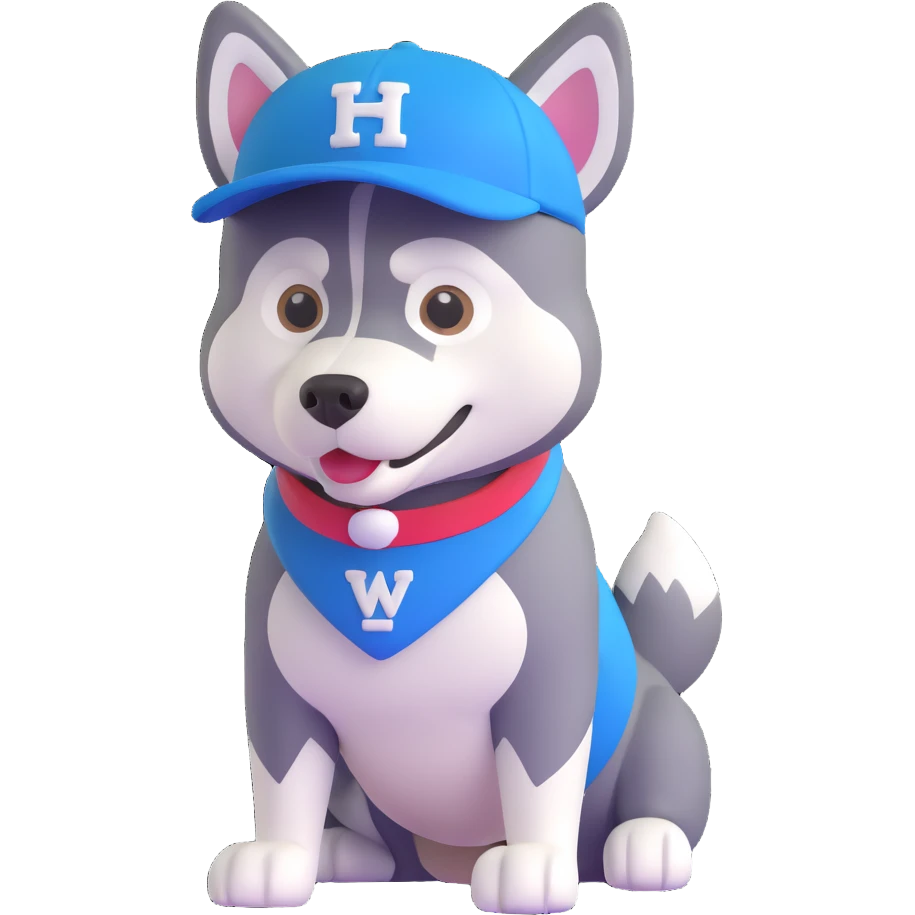 mascot of a sports club husky, white, black, blue, wearing a sports cap emoji