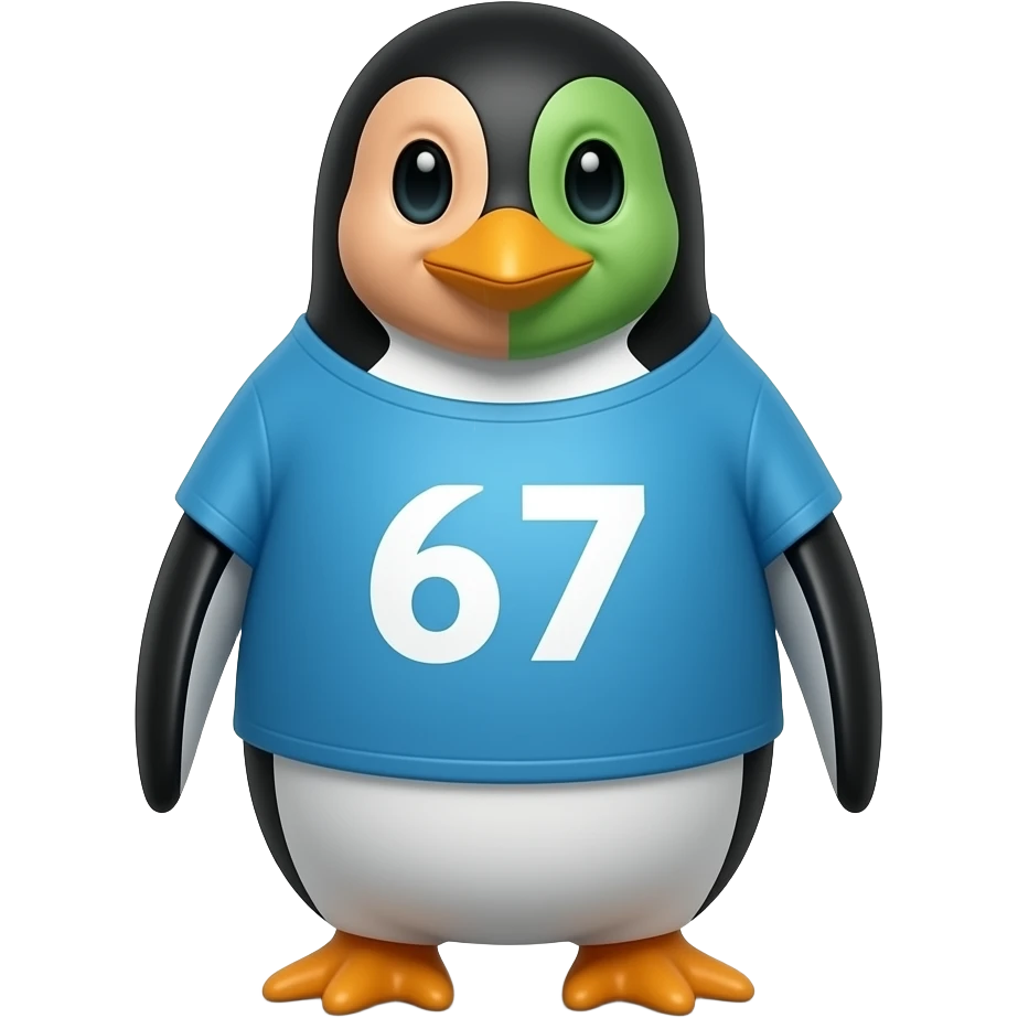 A penguin that has 67 on it and with a human face and alien face and a shirt emoji