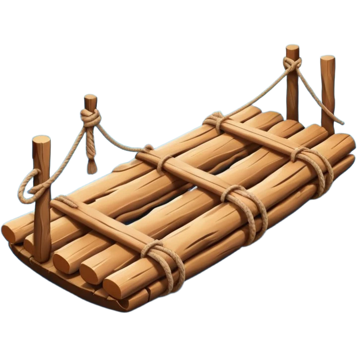 showing a simple wooden raft floating on calm blue water — made of several brown logs tied together with rope — gentle ripples around it — bright, cheerful lighting and soft shadows — minimalist, clean emoji design emoji