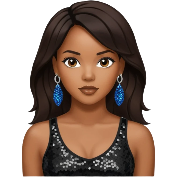 LeToya Luckett with long dark brown hair, black sequin crop top, black earring emoji