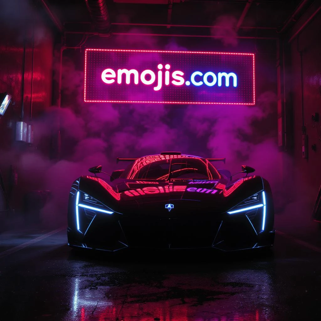 Cinematic still of a futuristic car parked front to camera inside neon garage with led behind saying "emojis.com", room fill with haze, very detailed and futuristic ,inspired by cyberpunk 2077 emoji